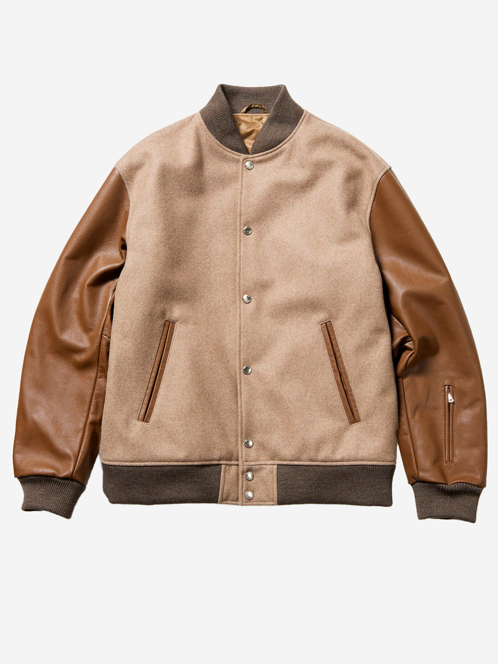 SOPHNET. Giacca varsity con maniche in pelle Beige Urbanstaroma