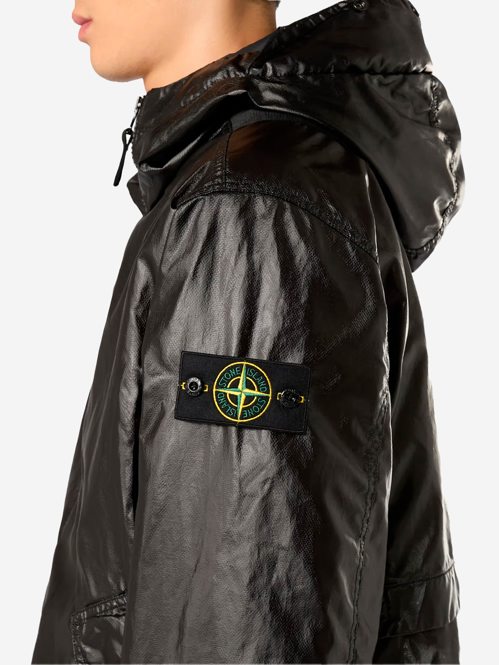 STONE ISLAND Parka nero con cappuccio con film semi-lucido Nero Urbanstaroma