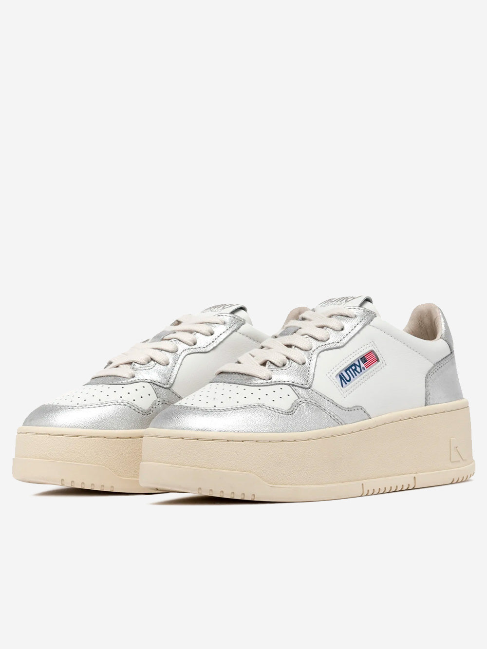 AUTRY W Medalist Platform Low in pelle bianca e argento Bianco argento Urbanstaroma