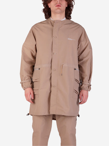 Collarless coat in nylon beige