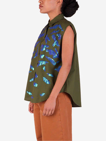 ESSENTIEL ANTWERP Camicia senza maniche verde con pailettes Verde