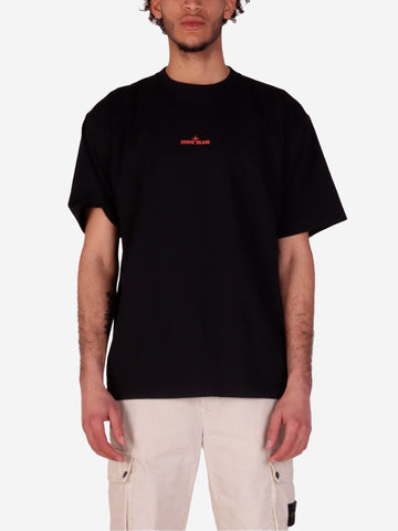 STONE ISLAND T-shirt nera con stampa Compass Camo e logo Nero